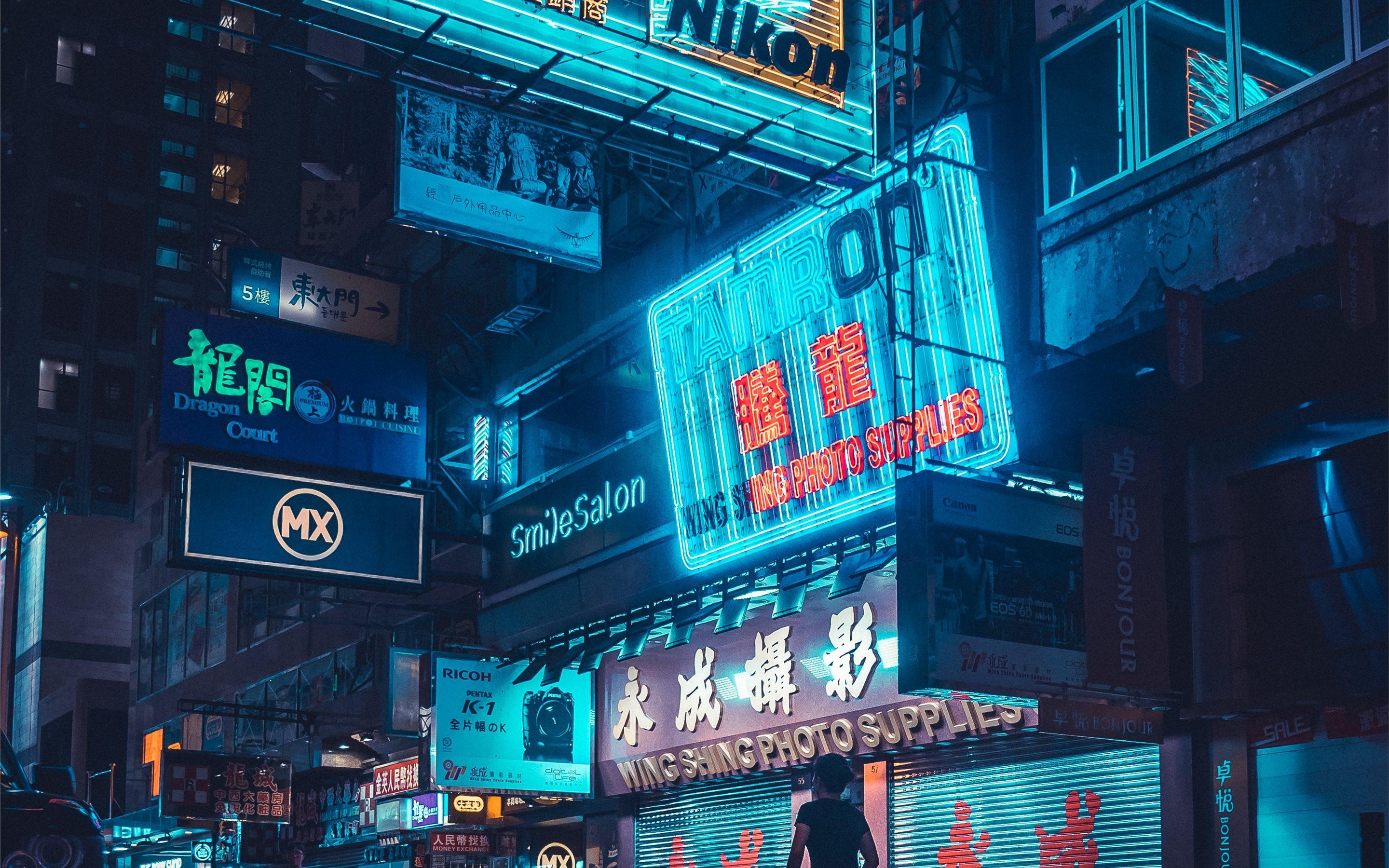 Neonschilder, Hongkong, Nachtstadt, Straße, Cyan, Chinesische Schrift, MacBook, Wallpaper