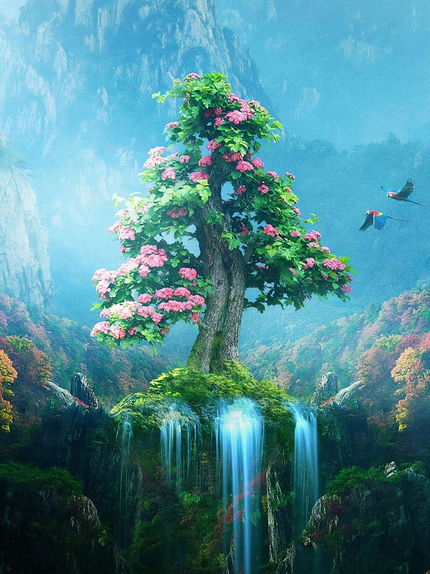 Fantasy-Baum, Wasserfall, Blüten, Digitale Kunst, Türkis, Hintergrundbild fürs iPad