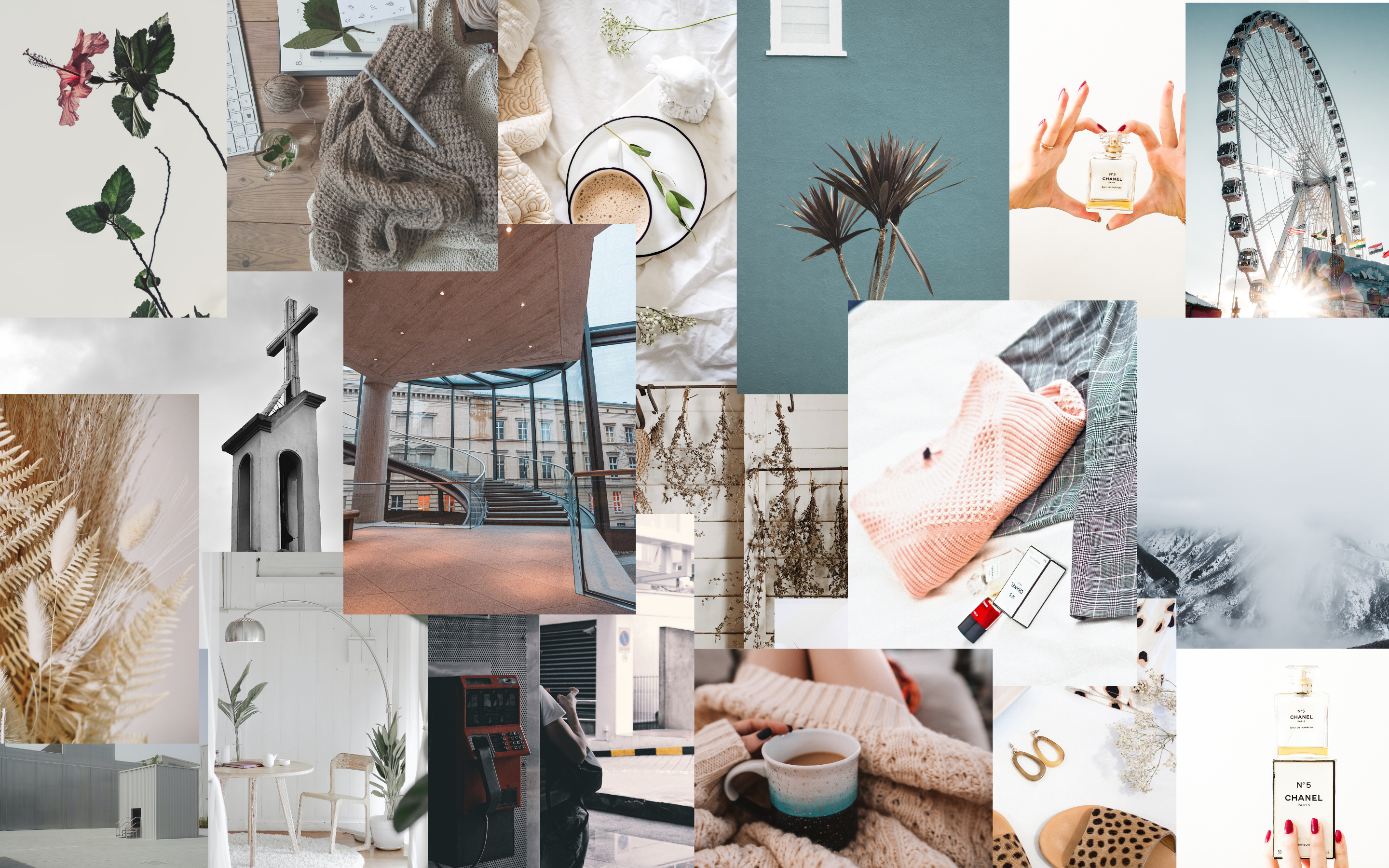 Collage, Grau-Beige, Riesenrad, Pflanzen, Moodboard, Ästhetik, MacBook-Wallpaper