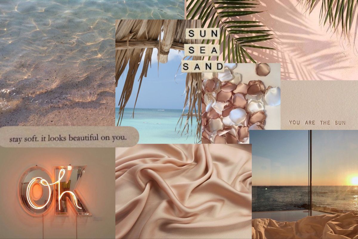 Collage, Strand, Palmen, Neonschrift, Seide, Sommer, Hintergrundbild für den Mac