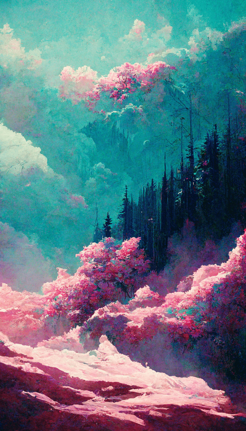 Fantasy-Landschaft, Wald, Rosa Bäume, Türkis, Digitale Kunst, Wolken, iPhone 18 Pro, Hintergrundbild