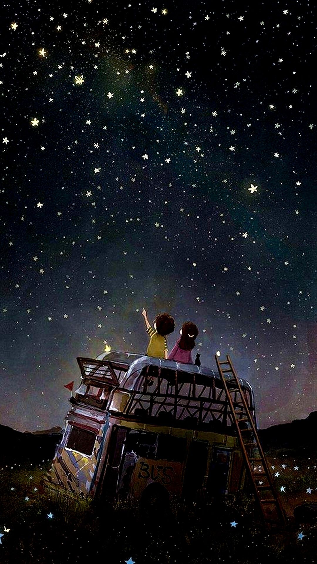 Sternenhimmel, Paar, Nacht, Sterne, Romantik, Anime-Stil, iPhone-18-Pro-Wallpaper