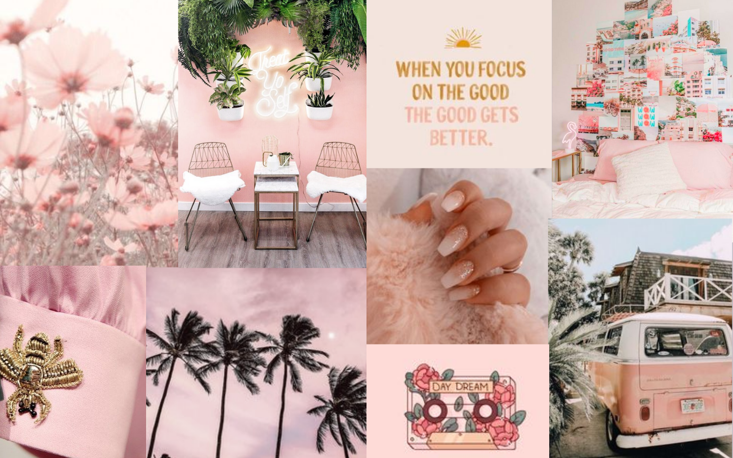 Collage, Rosa Ästhetik, Palmen, VW Bus, Nägel, Spruch, MacBook, Desktop-Hintergrundbild