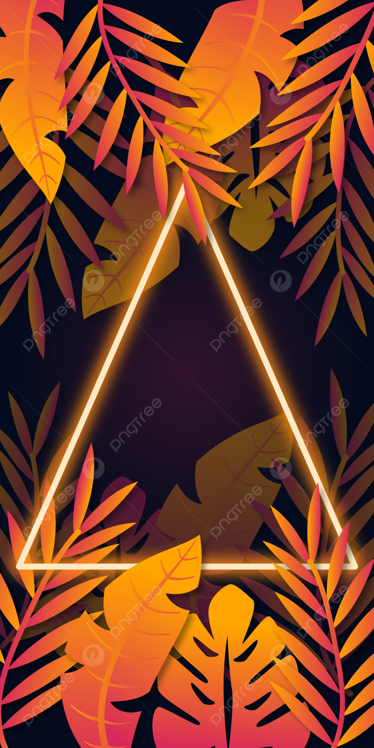 Dreieck, Tropische Blätter, Orange, Gelb, Neonrahmen, Full HD, Hintergrundbild fürs Handy