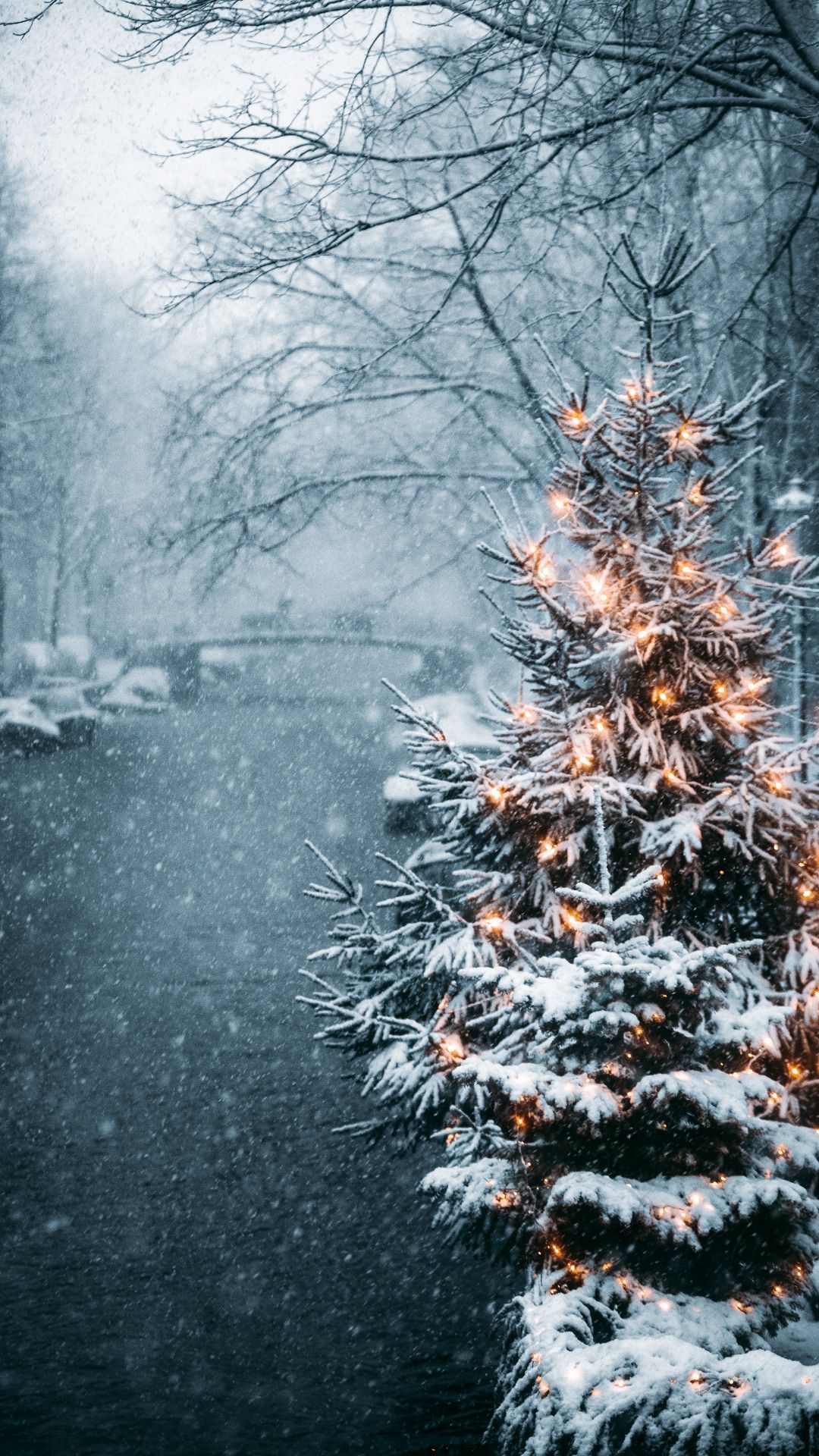 Verschneite Tanne, Lichterkette, Fluss, Nebel, Hochformat, Full HD, Handy-Hintergrundbild