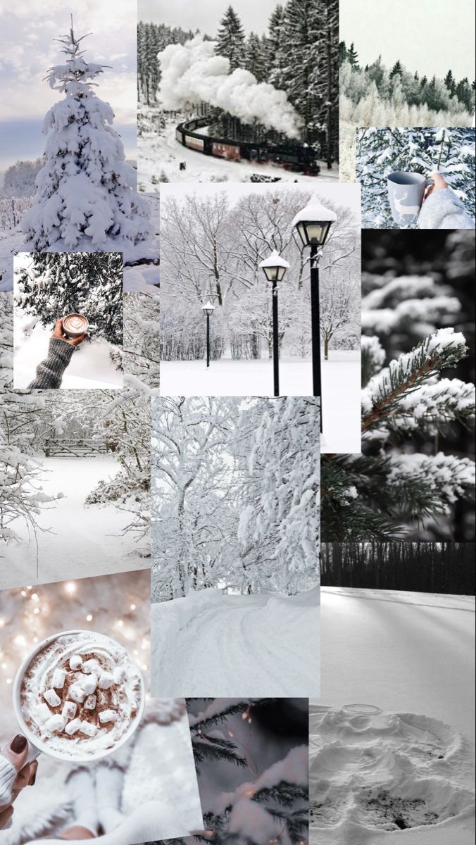 Collage, Schneelandschaft, Laterne, Kakao, Hochformat, Hintergrundbild für iPhone und Android