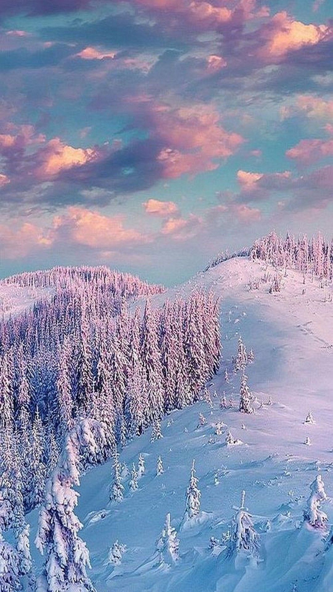 Verschneiter Hang, Tannen, Rosa Wolken, Abendhimmel, Hochformat, Android-Hintergrundbild