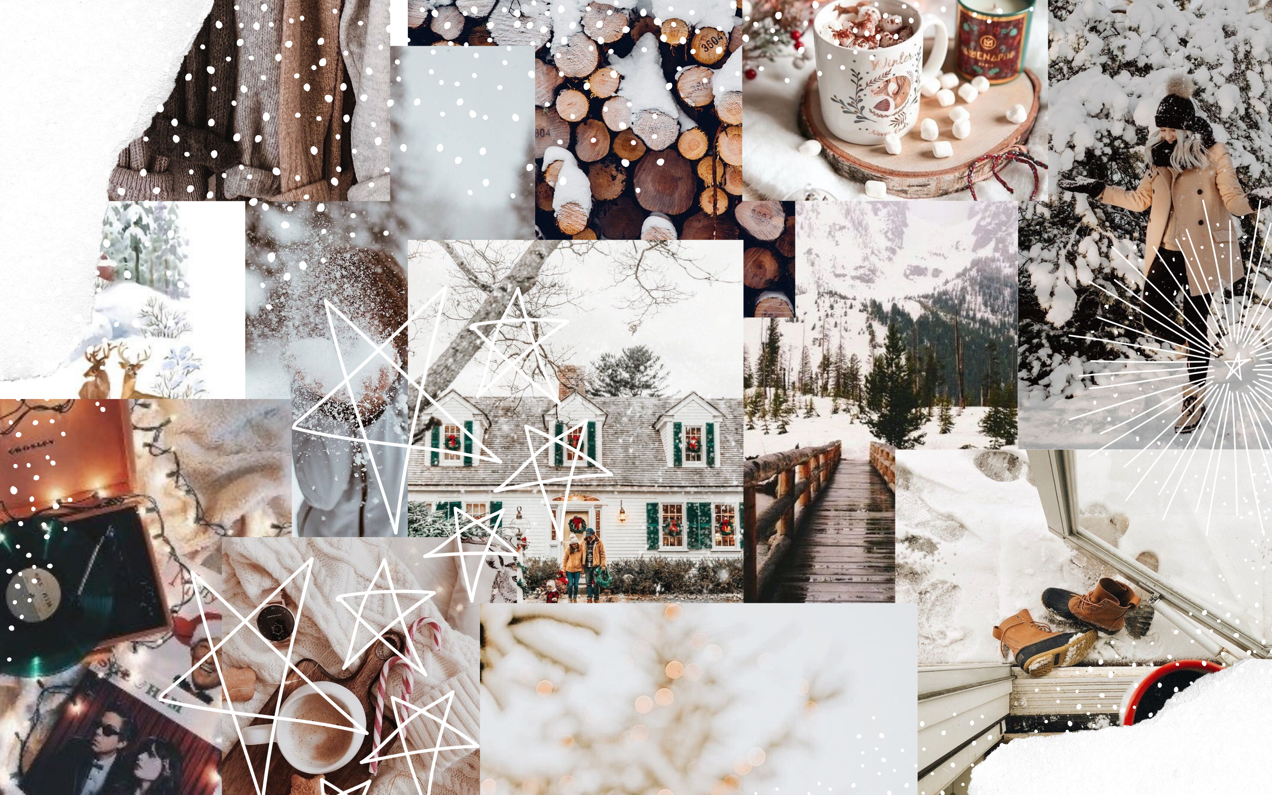 Collage, Gemütlich, Kakao, Haus im Schnee, Ästhetisch, 2K, Hintergrundbild für den PC