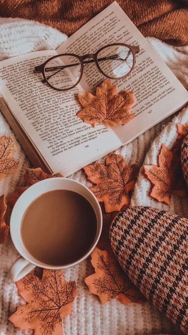 Buch, Brille, Kaffee, Strickpullover, Gemütlich, Herbstblätter, Hintergrundbild fürs Handy