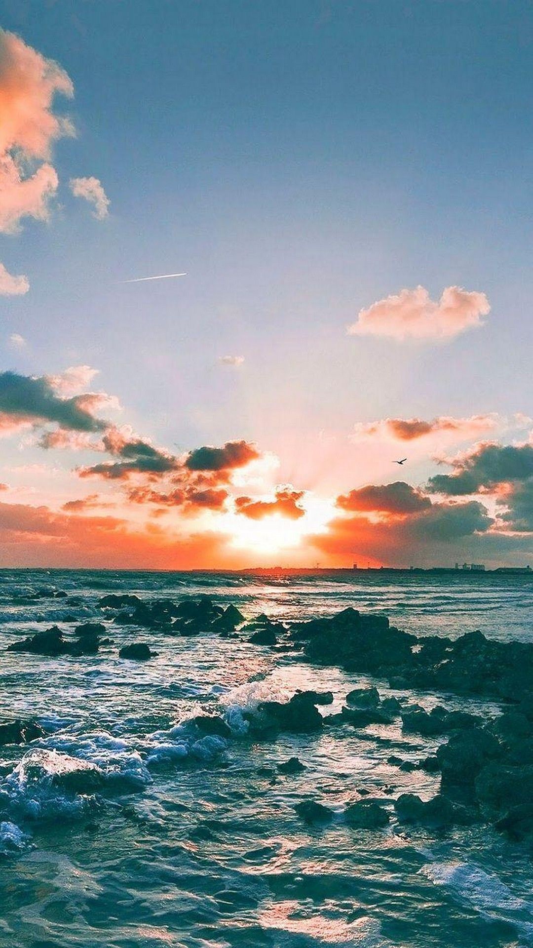 Meer, Wellen, Sonnenuntergang, Wolken, Türkis, Hochformat, Hintergrundbild fürs Smartphone