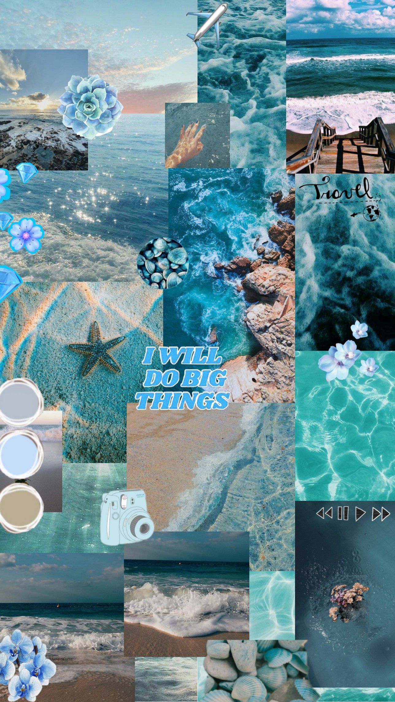 Collage, Meer, Türkis, Seesterne, Ästhetik, Hintergrundbild für iPhone und Android
