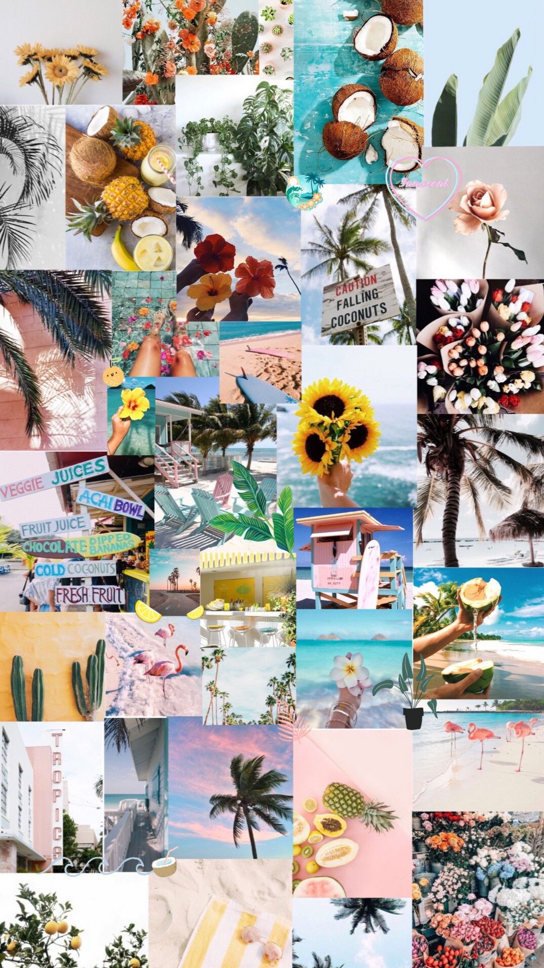 Collage, Früchte, Blumen, Palmen, Bunt, Full HD, Handy-Hintergrund im Hochformat