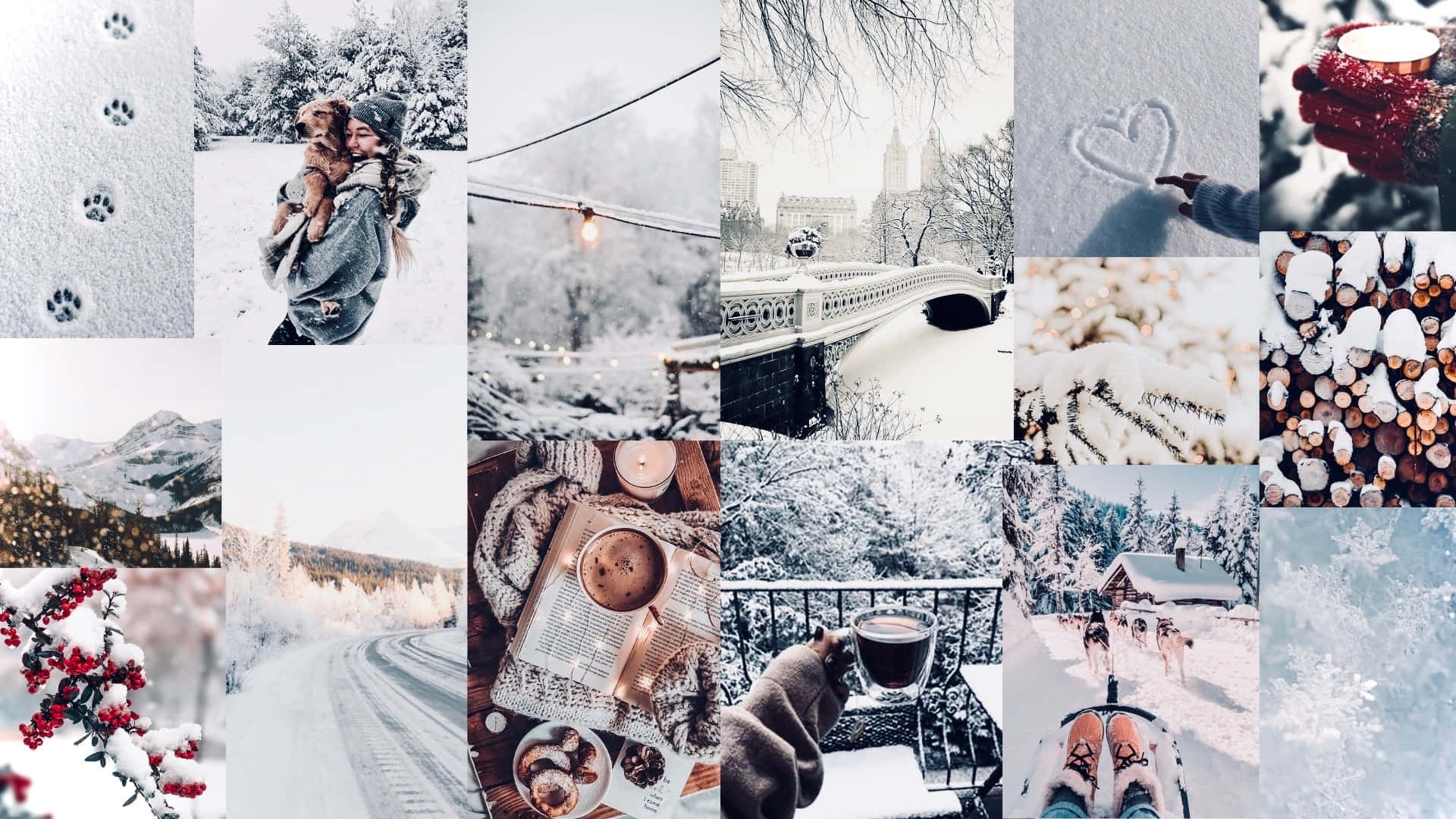 Collage, Pfotenabdrücke, Herz im Schnee, Kakao, Vogelbeeren, 1920x1080, Desktop-Hintergrund