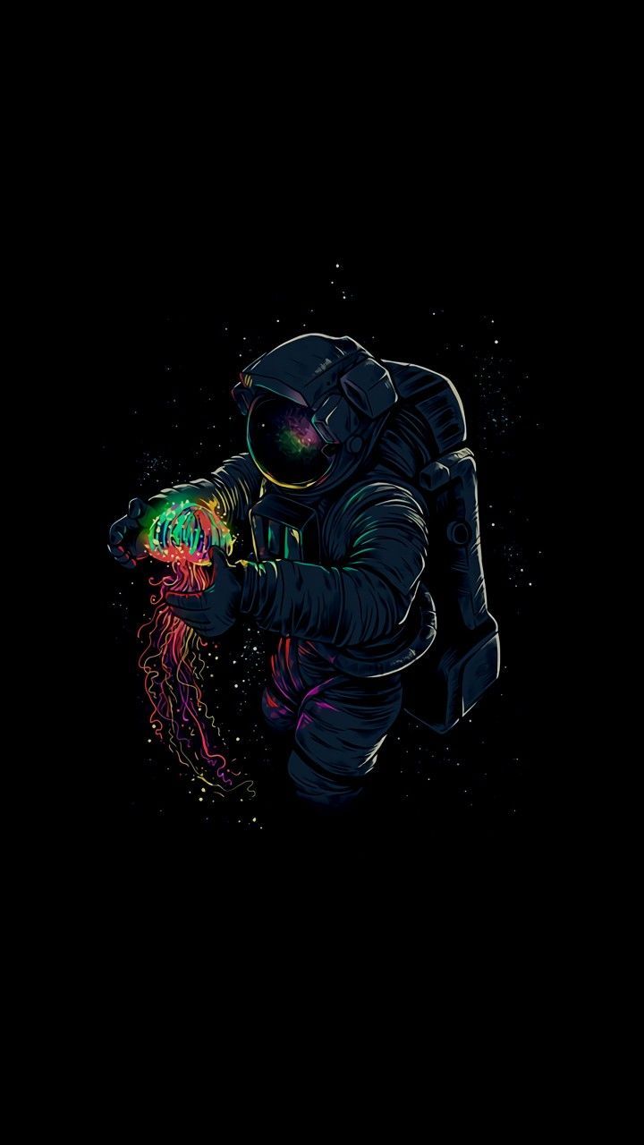 Astronaut, Neonfarben, Schwarzer Hintergrund, Minimalistisch, Sperrbildschirm fürs iPhone