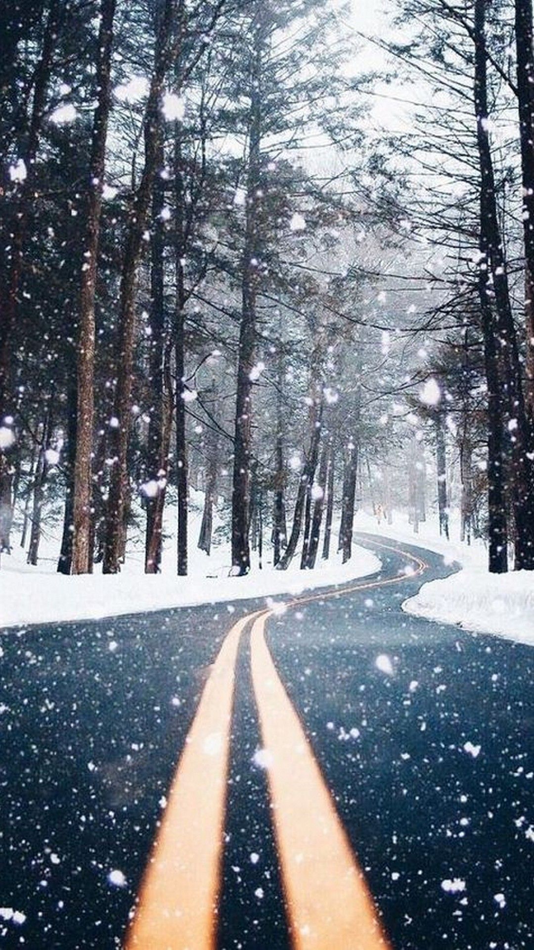 Straße, Wald, Schneefall, Gelbe Linien, Hochformat, Hintergrundbild für iPhone und Android