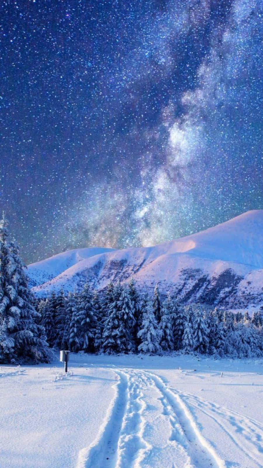 Milchstraße, Berge, Ski-Spuren, Sternenhimmel, Nacht, Hochformat, HD, Handy-Hintergrund