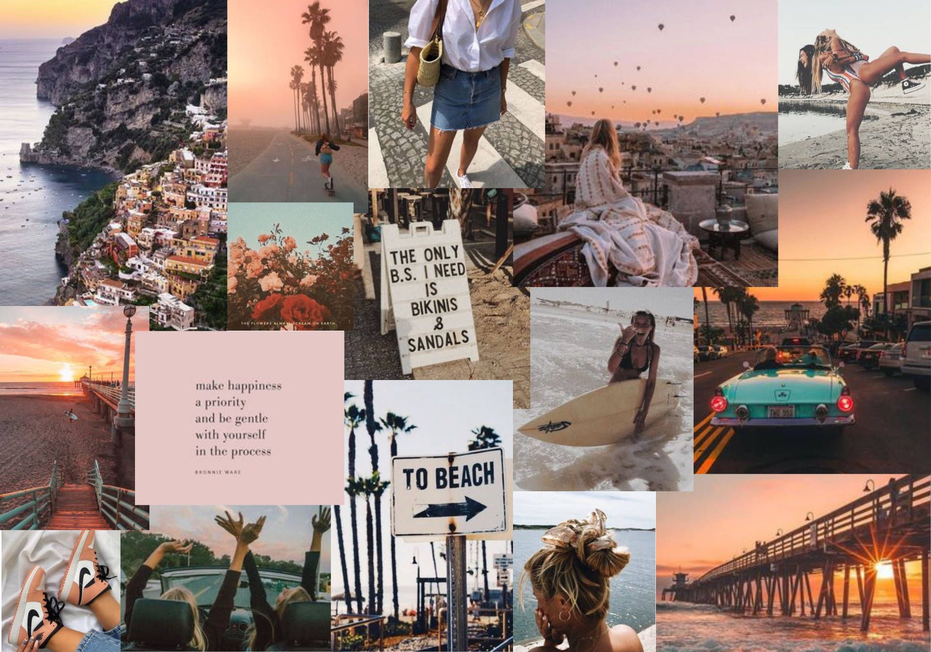 Collage, Strand, Sonnenuntergang, Seebrücke, Cabrio, To Beach, Full HD, Desktop-Hintergrund
