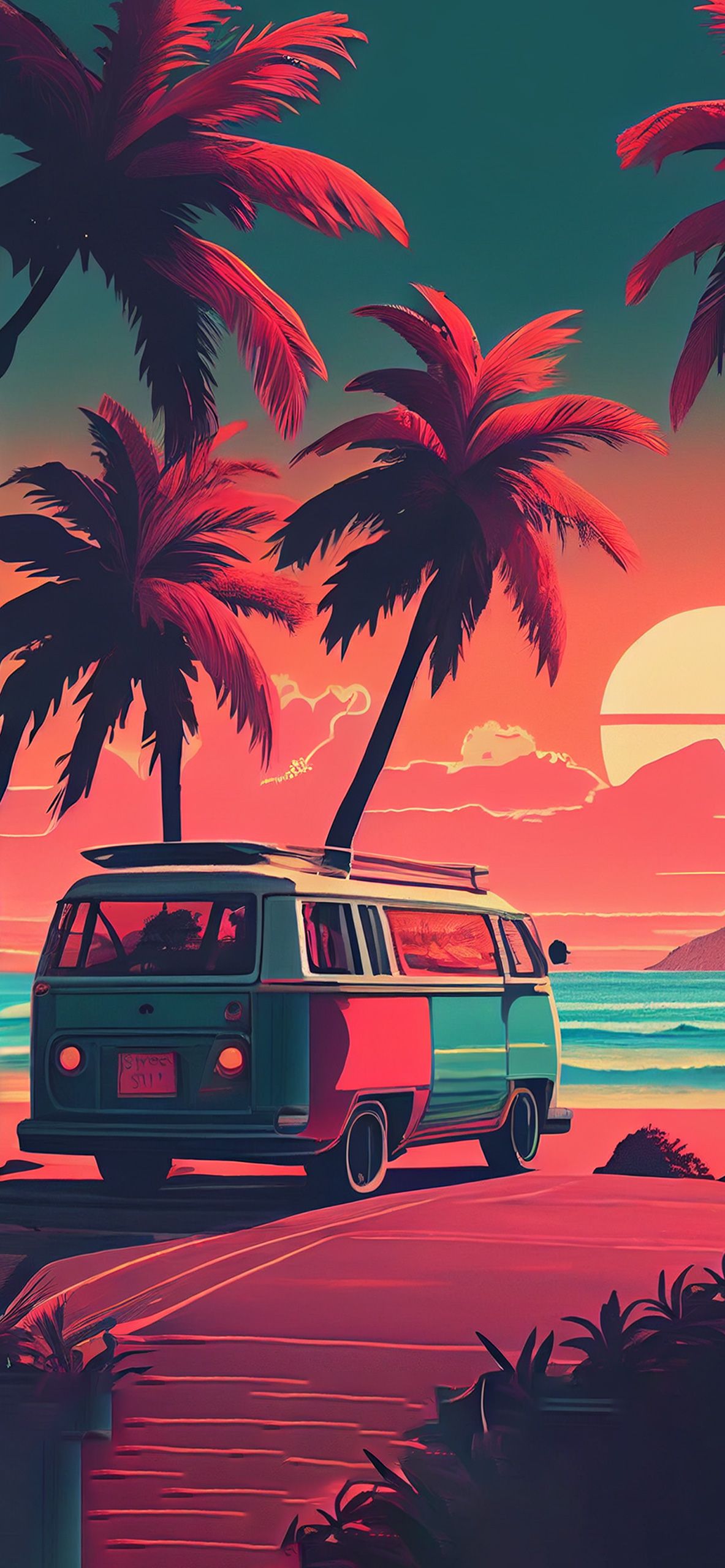 VW-Bus, Palmen, Sonnenuntergang, Illustration, Retro, Strand, Full HD, iPhone-Hintergrundbild