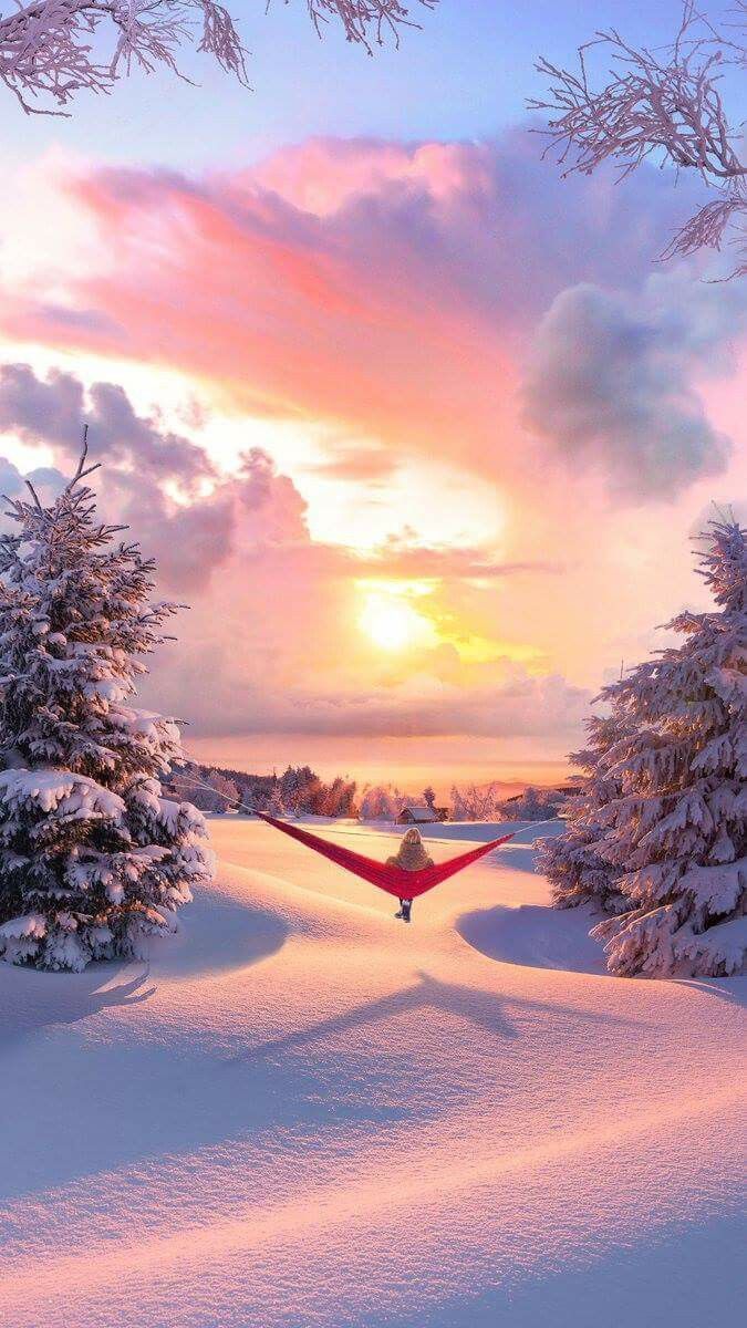 Hängematte, Sonnenuntergang, Schnee, Rosa Himmel, Hochformat, Sperrbildschirm fürs iPhone