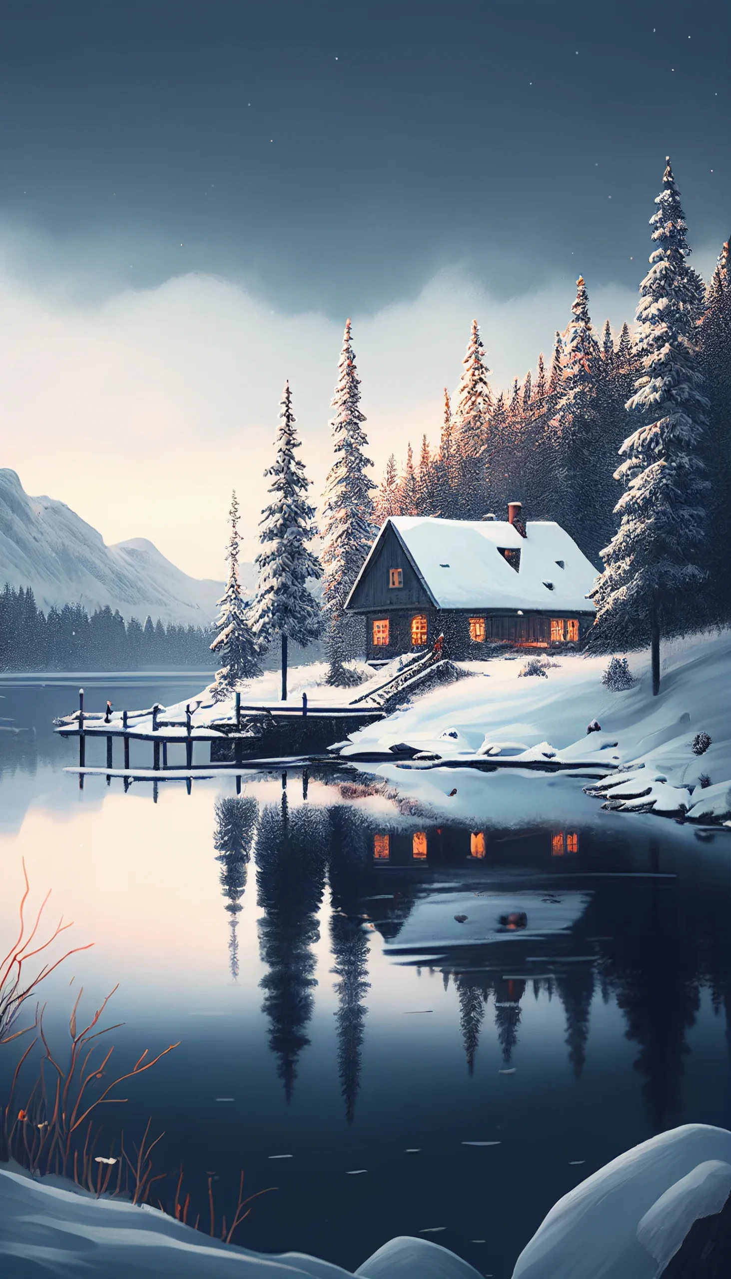 Hütte, See, Berge, Spiegelung, Dämmerung, Hochformat, QHD+, Hintergrundbild fürs Handy