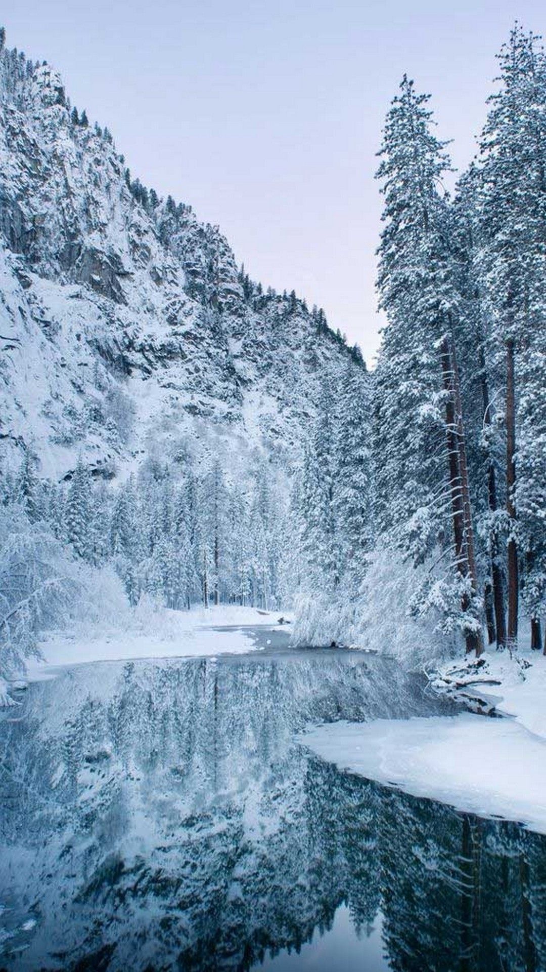 Bergbach, Verschneite Bäume, Schlucht, Spiegelung, Hochformat, Full HD, iPhone-Hintergrundbild