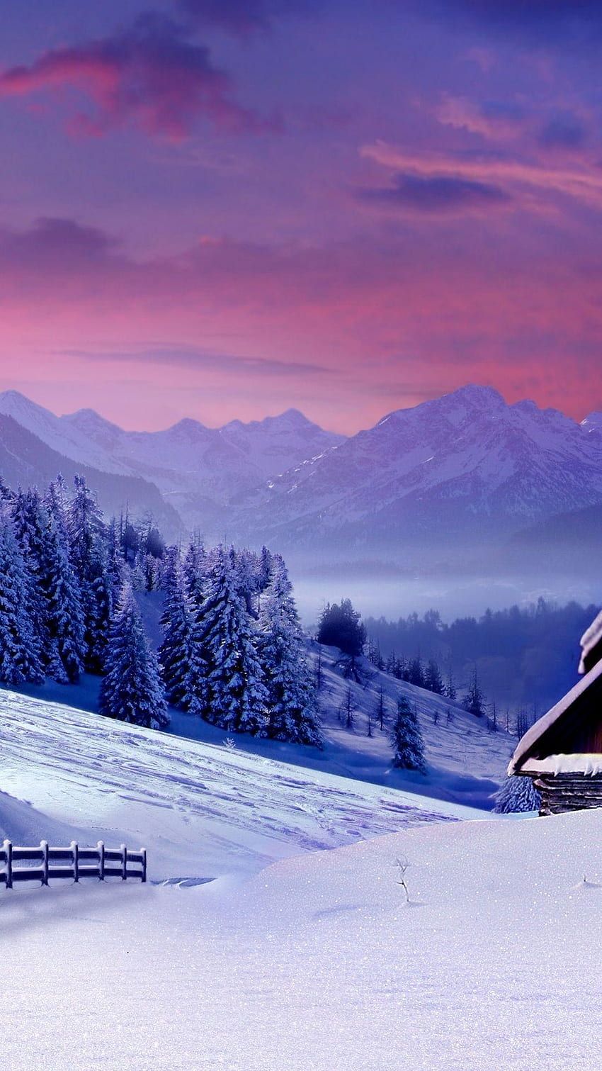 Berge, Verschneite Tannen, Lila Himmel, Dämmerung, Hochformat, HD, Handy-Hintergrundbild