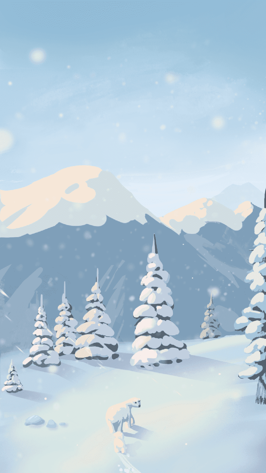 Illustration, Verschneite Tannen, Berge, Schneefall, Hochformat, HD, iPhone-Hintergrundbild