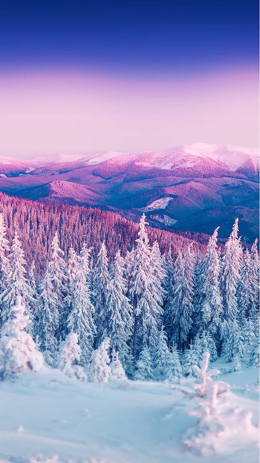 Verschneiter Wald, Berge, Lila Himmel, Sonnenaufgang, Hochformat, HD, Handy-Hintergrundbild