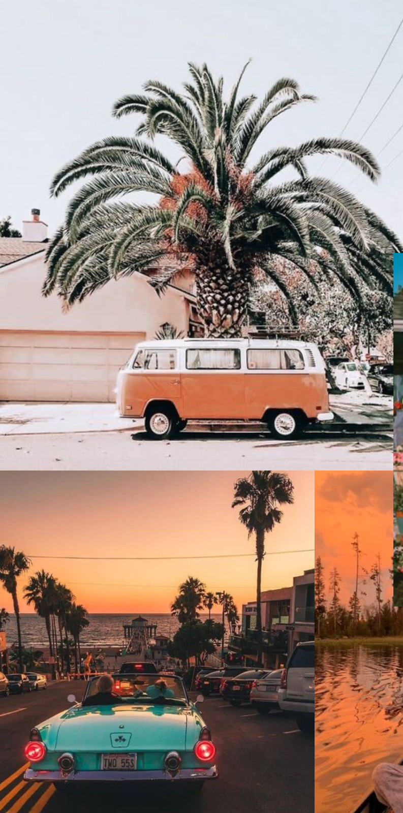 Collage, VW-Bus, Palmen, Sonnenuntergang, Cabrio, HD, Handy-Hintergrund im Hochformat