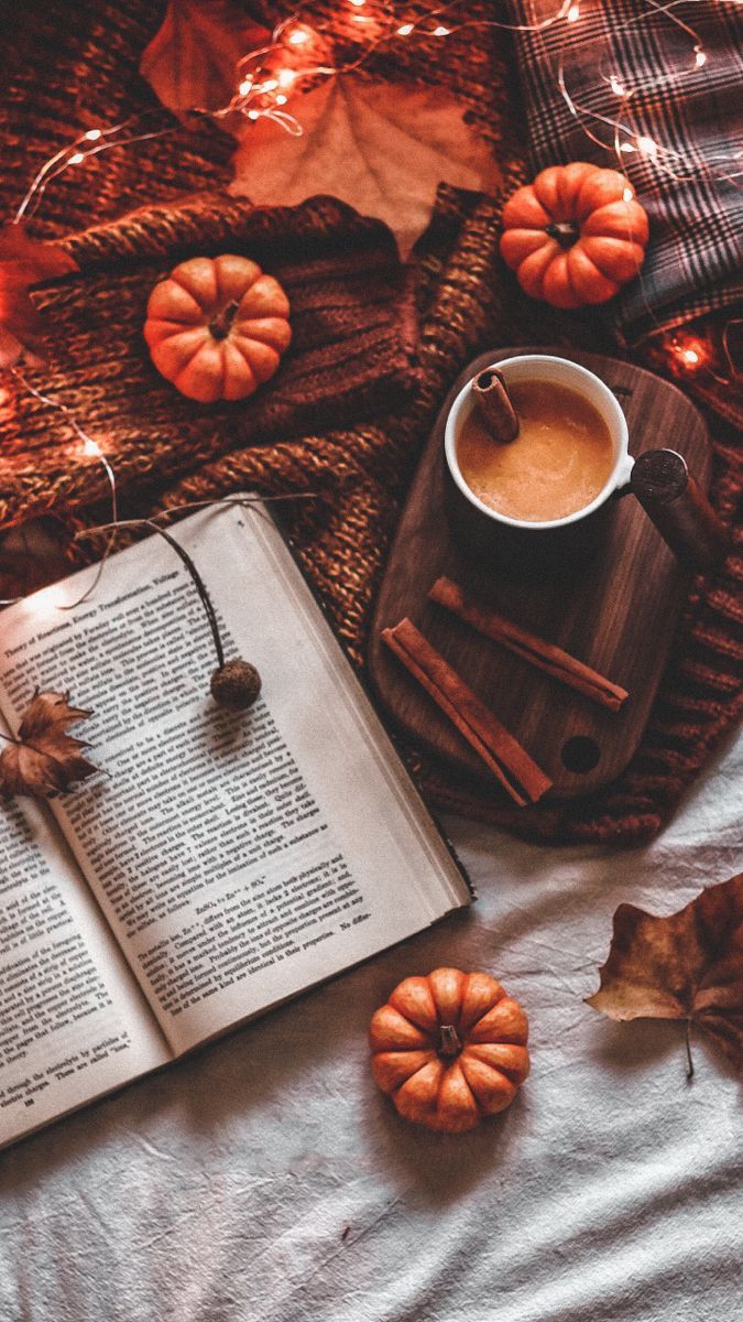 Buch, Kaffee, Kürbisse, Decke, Gemütlich, Flach gelegt, Hochformat, Hintergrundbild fürs Smartphone