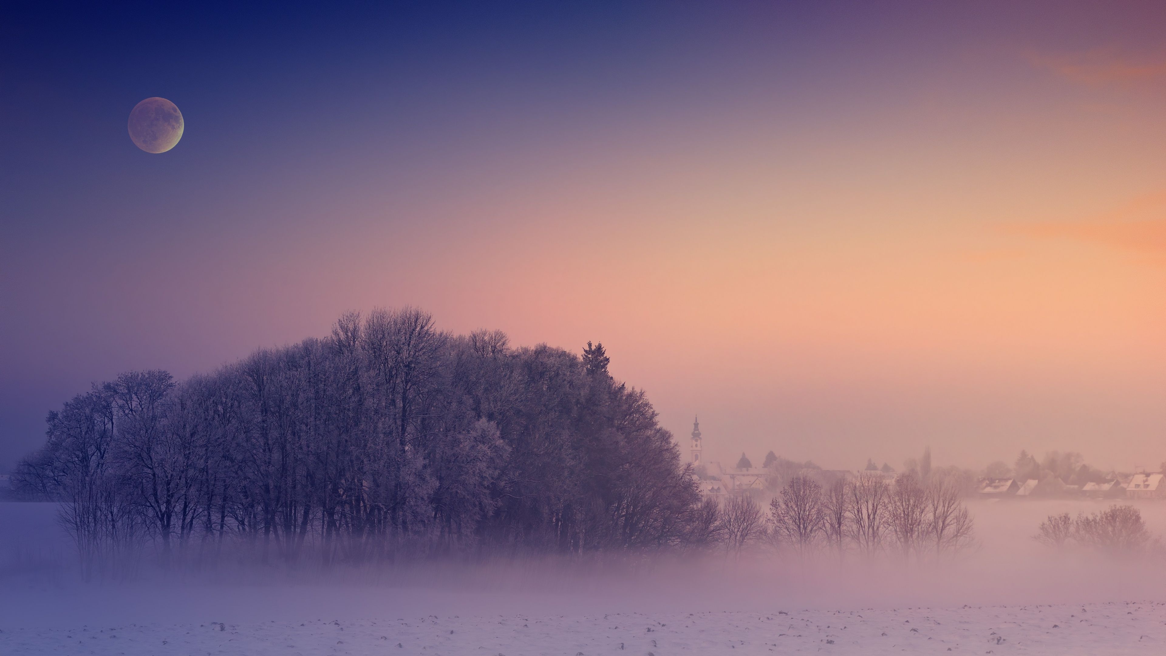 Nebel, Insel, Bäume, Mond, Dämmerung, Lila, 4K, Desktop-Hintergrund für Windows