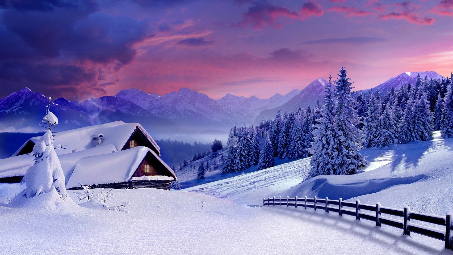 Hütte, Schnee, Berge, Zaun, Lila Himmel, Abend, 16:9, Full-HD-Hintergrundbild für den Desktop