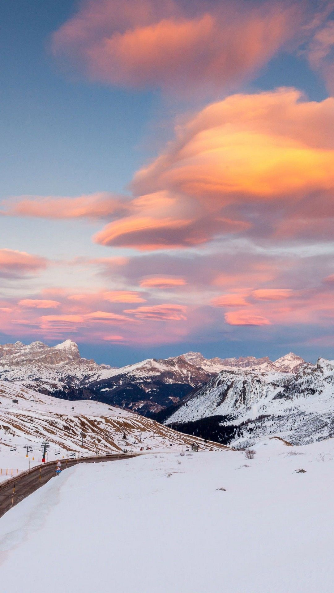Berge, Straße, Rosa Wolken, Schnee, Hochformat, Full HD, Hintergrundbild fürs Handy