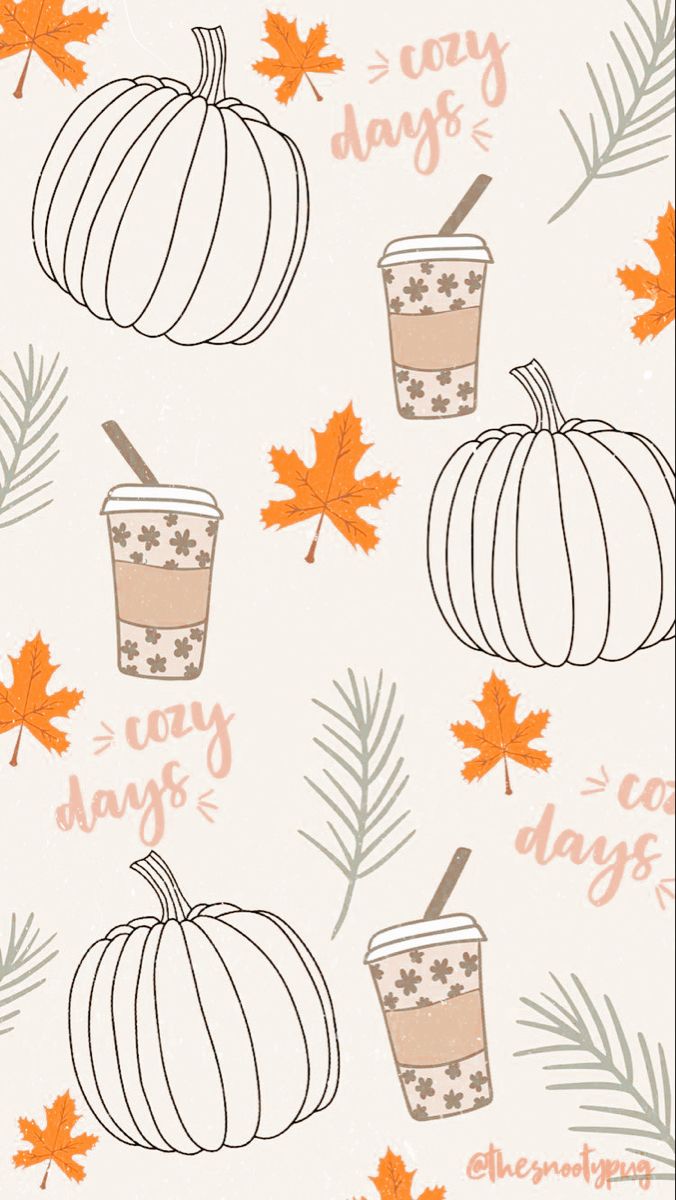 Kürbisse, Cozy Days, Muster, Kaffeebecher, Blätter, Illustration, Hintergrundbild fürs Handy