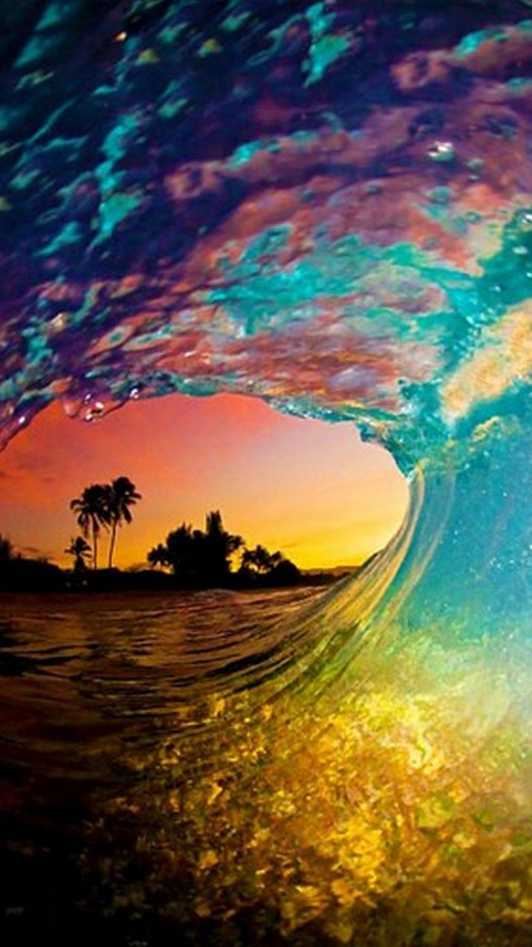 Welle, Sonnenuntergang, Palmen, Digitale Kunst, Bunt, Full HD, Handy-Hintergrund im Hochformat