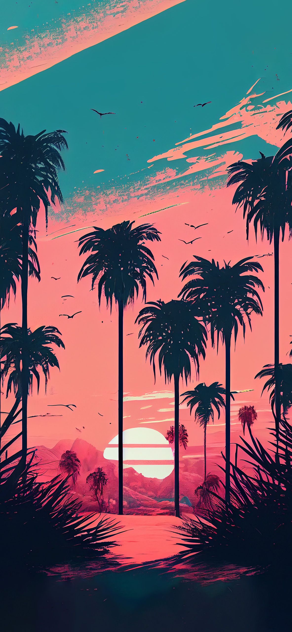Palmen, Sonnenuntergang, Illustration, Silhouette, Türkis, Full HD, iPhone-Hintergrundbild