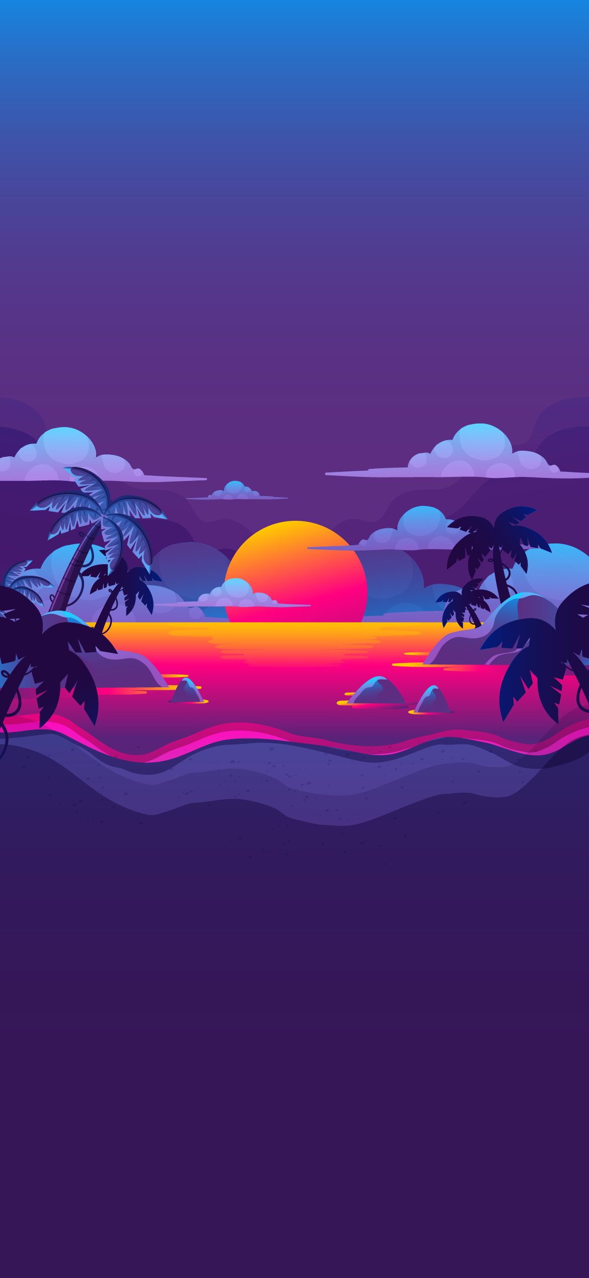 Sonnenuntergang, Vaporwave, Palmen, Lila, Illustration, Full HD, Hintergrundbild fürs Handy