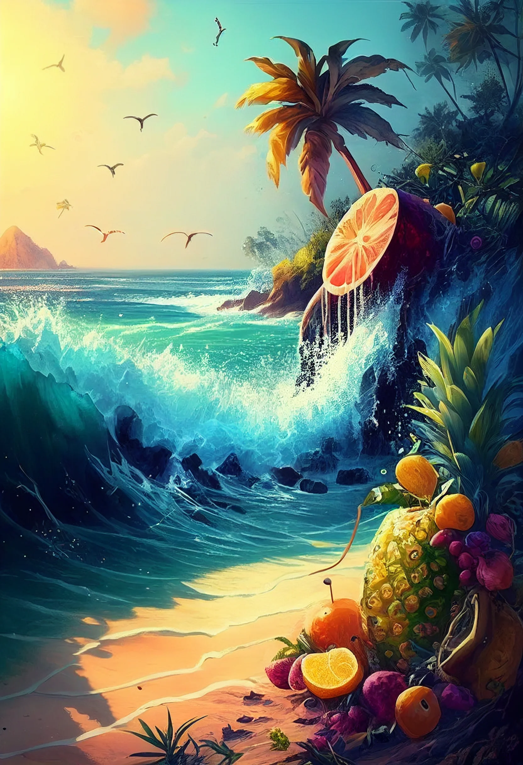 Welle, Früchte, Palme, Digitale Kunst, Tropisch, Ananas, Hintergrundbild fürs iPad