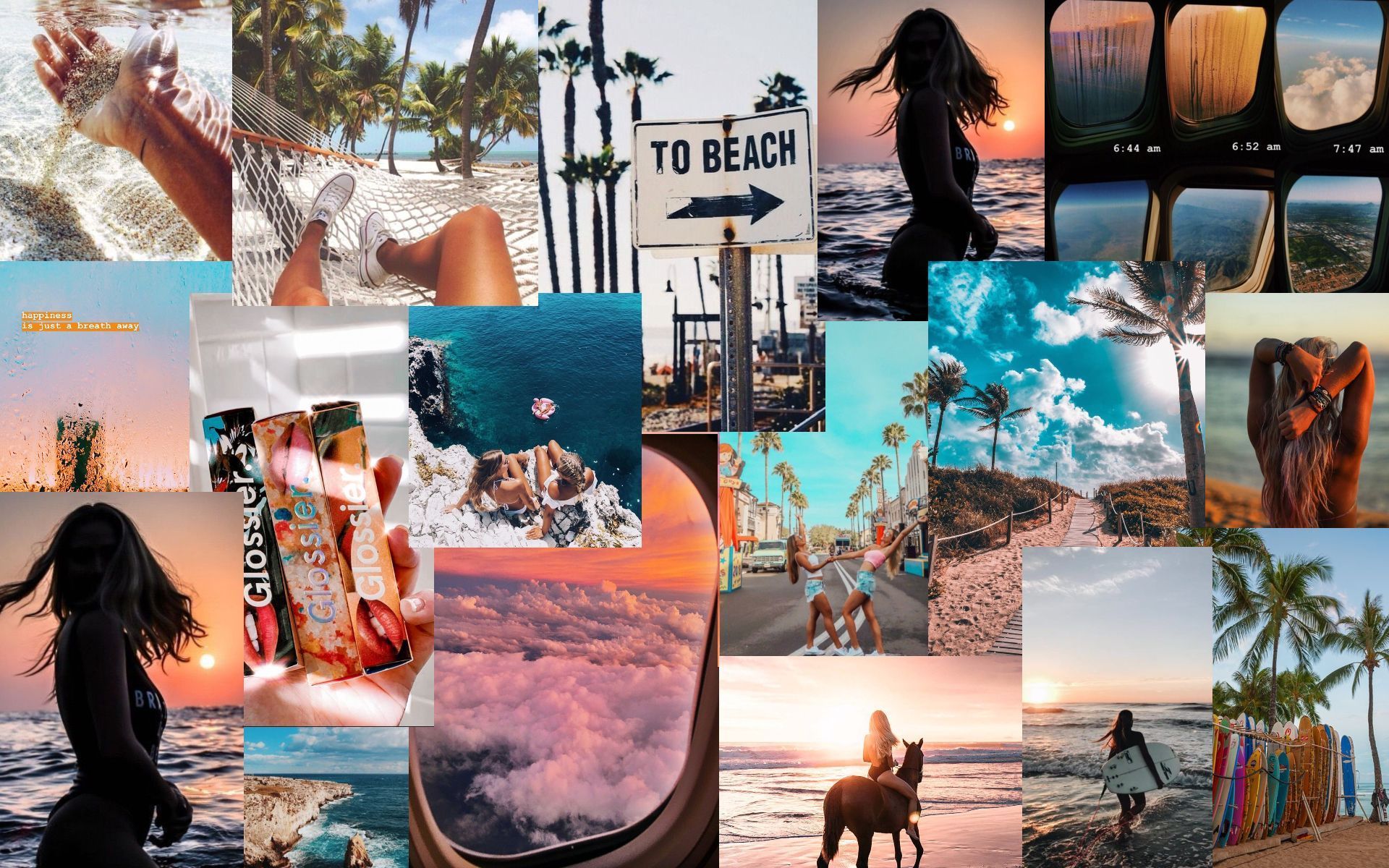 Collage, Strand, Palmen, To Beach, Sonnenuntergang, Pferd, Full HD, Windows-Hintergrundbild