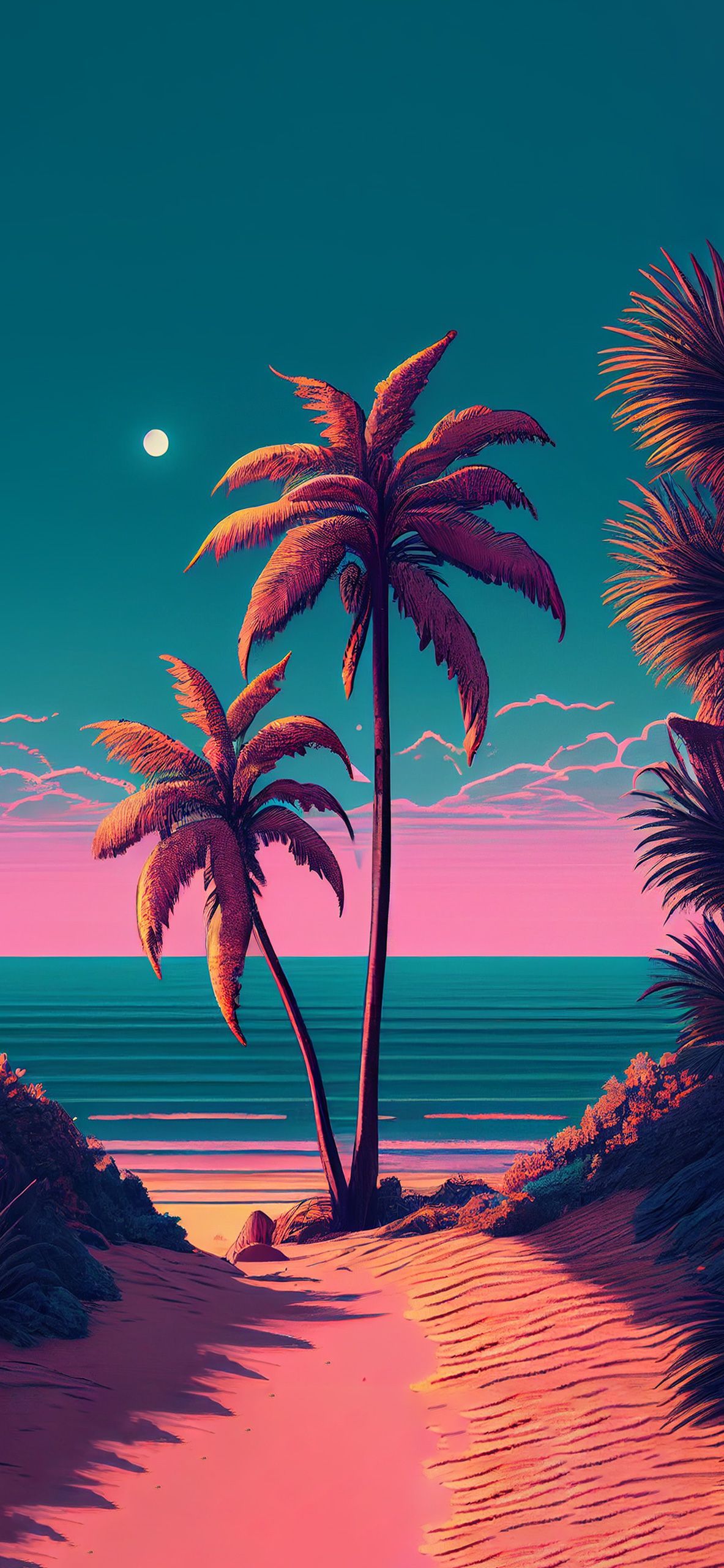 Palmen, Retro, Sonnenuntergang, Pink, Illustration, Full HD, Handy-Hintergrund im Hochformat