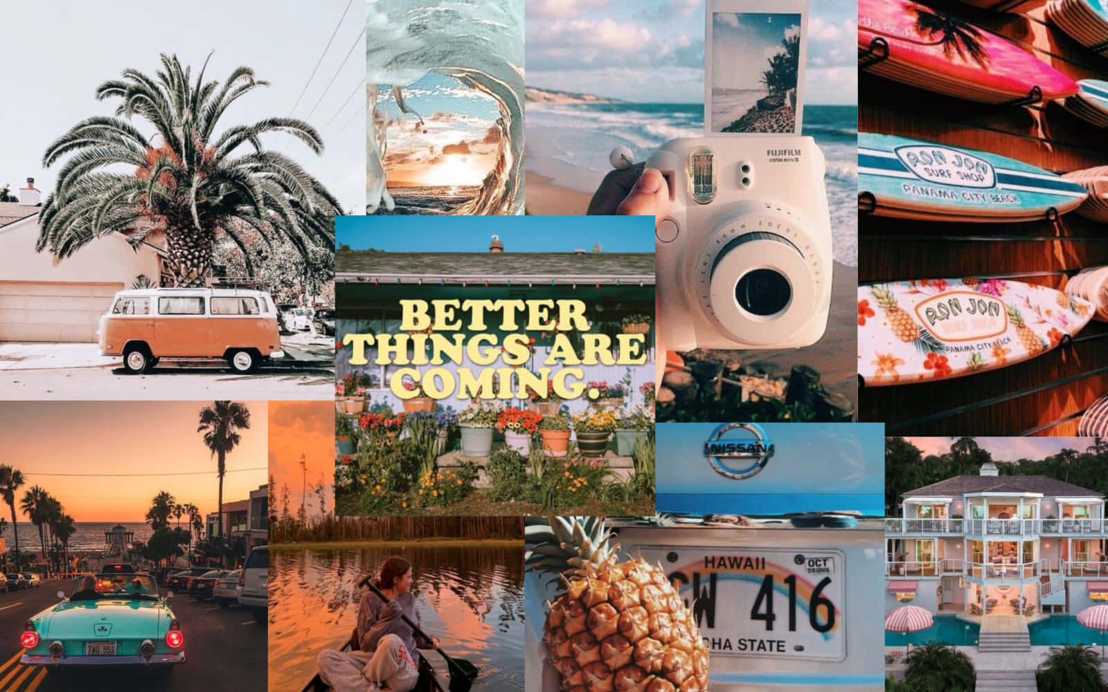 Collage, VW-Bus, Better Things Are Coming, Sofortbildkamera, Ananas, HD, MacBook-Hintergrundbild