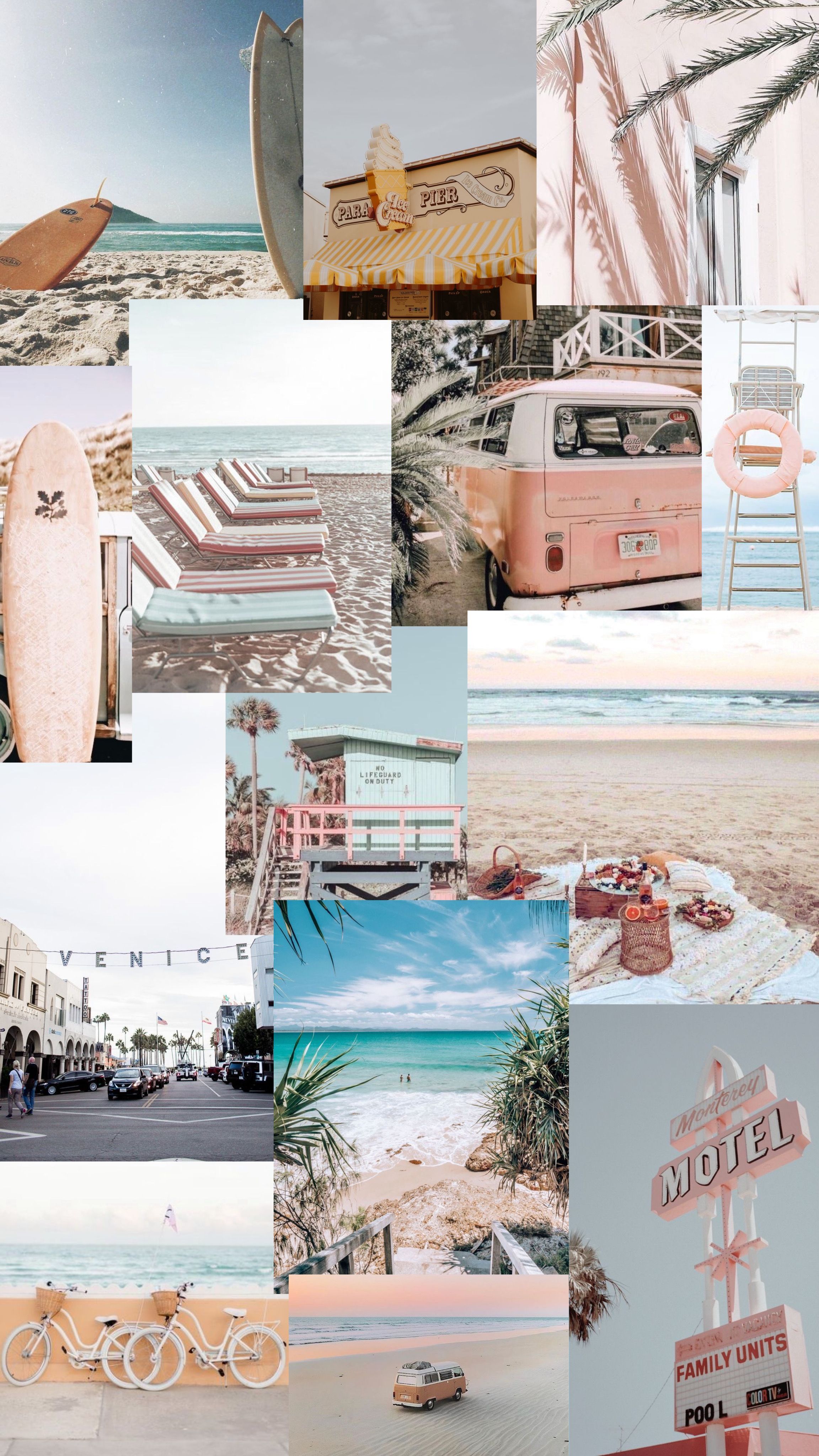 Collage, Pastellfarben, Strand, Bulli, Ästhetik, QHD+, Sperrbildschirm fürs iPhone
