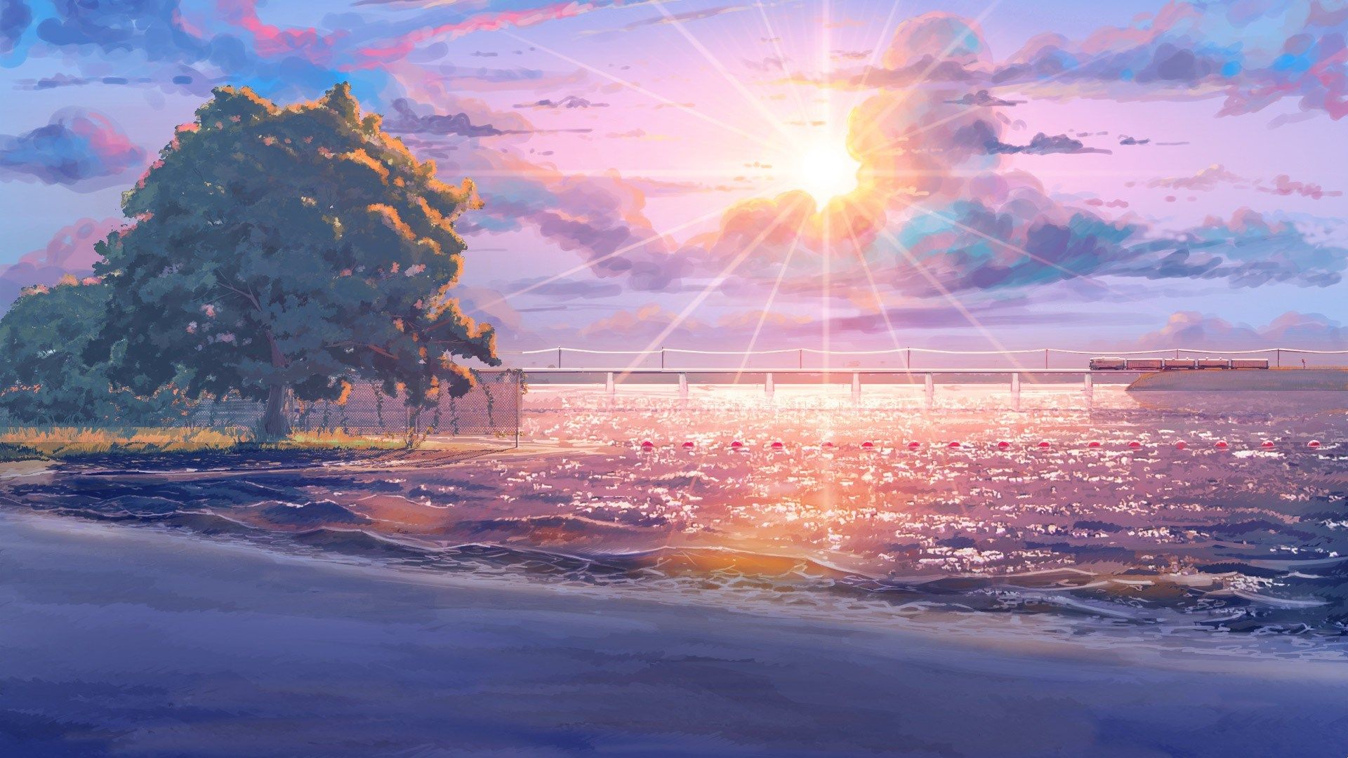 Anime-Stil, Sonnenuntergang, Baum, Meer, Sonnenstrahlen, Wolken, Full HD, PC-Hintergrundbild