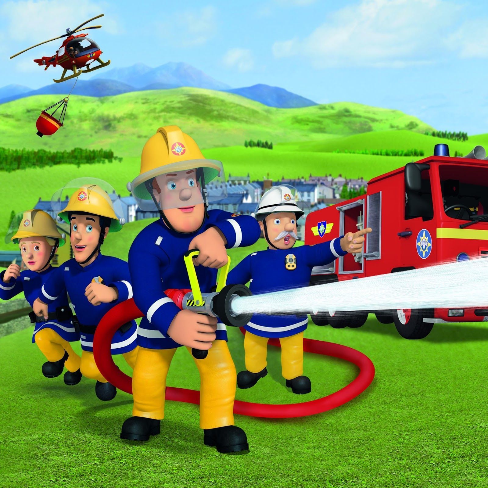 Feuerwehrmann Sam, Feuerwehrschlauch, Löscheinsatz, Feuerwehrauto, Grüne Hügel, Hubschrauber, HD-Tablet-Hintergrundbild