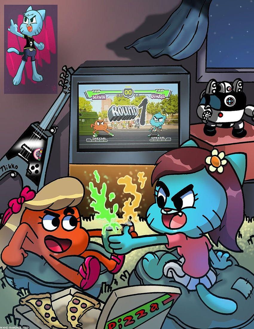 Gumball Watterson, Darwin Watterson, Videospiel, Zimmer, Fernseher, Hochformat, Tablet-Hintergrundbild