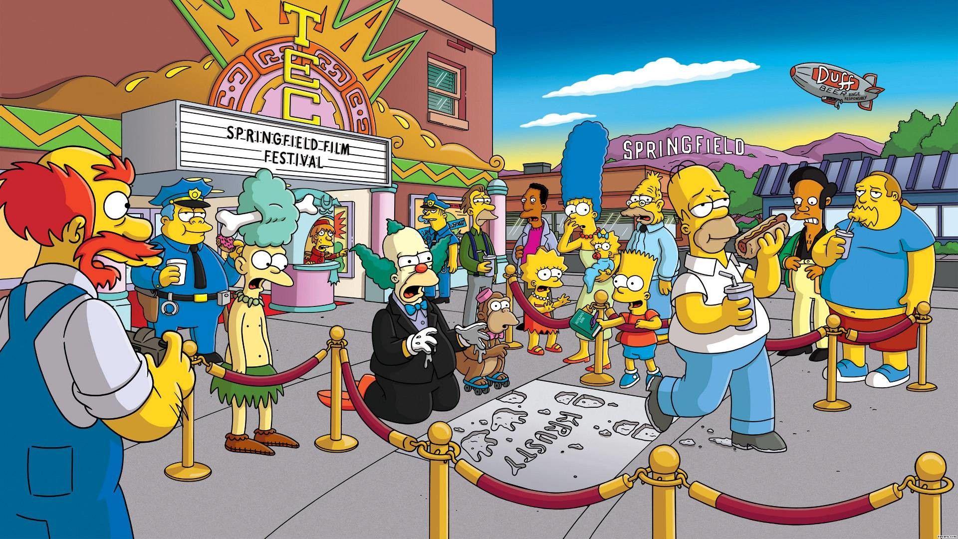 Die Simpsons, Springfield, Filmfestival, Figurengewimmel, Homer Simpson, 1920x1080, PC-Hintergrundbild
