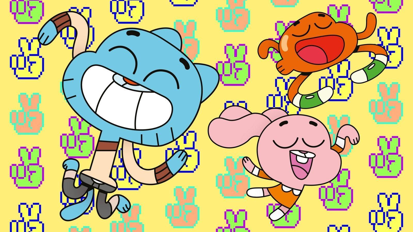 Gumball Watterson, Darwin Watterson, Anais Watterson, Peace-Zeichen, Gelbes Muster, HD-Hintergrundbild
