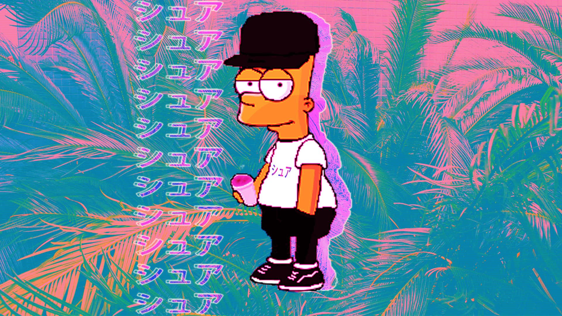 Bart Simpson, Vaporwave, Palmen, Japanische Schrift, Basecap, Full-HD-Hintergrundbild für PC
