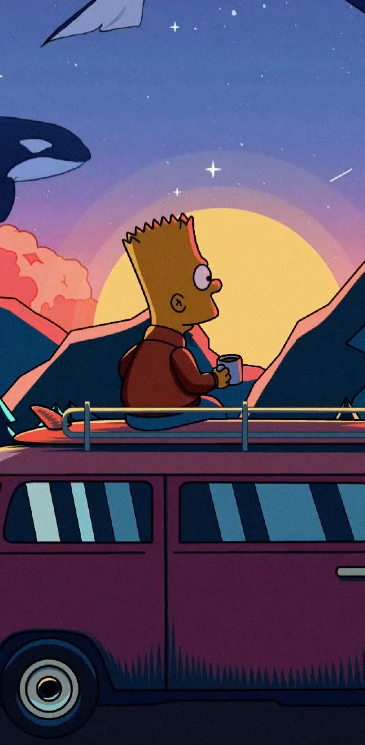 Bart Simpson, Bus, Sonnenuntergang, Retro, Full HD, Sperrbildschirm fürs iPhone