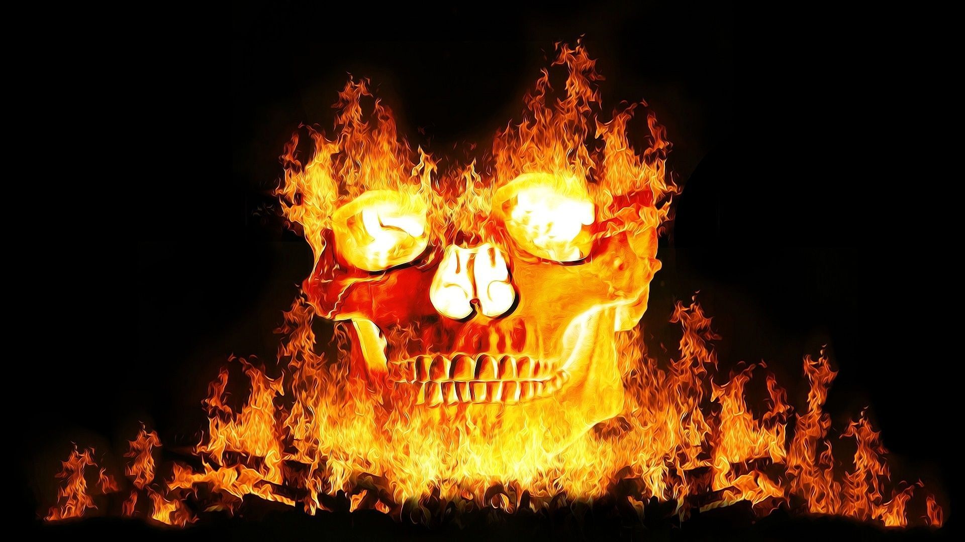 Totenkopf, Flammen, Feuer, Schwarzer Hintergrund, Orange, Full HD Wallpaper